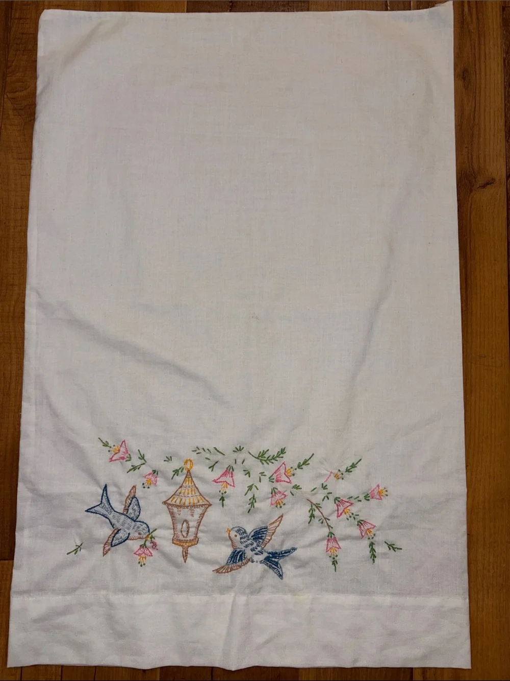 Vintage Pillowcase With Embroidered Birds And Flowers 30x20
